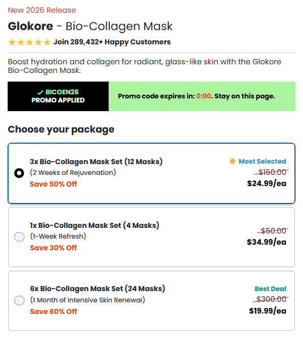Glokore Bio-Collagen Mask Price Chart USA 70 Percent Off Discount Packages